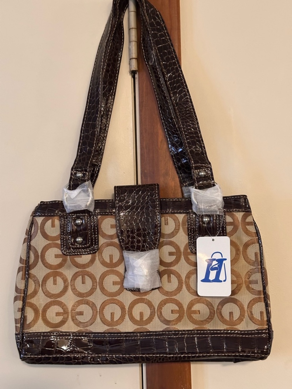 Classic Tan Monogram Tote Bag with Dark Brown Trim - Picture 2 of 5
